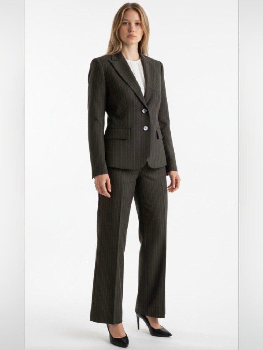 NWOT! EVAN PICONE! RICH BLACK & TAN PINSTRIPE 2 PC PANTS, JACKET, BLAZER SUIT! 8
